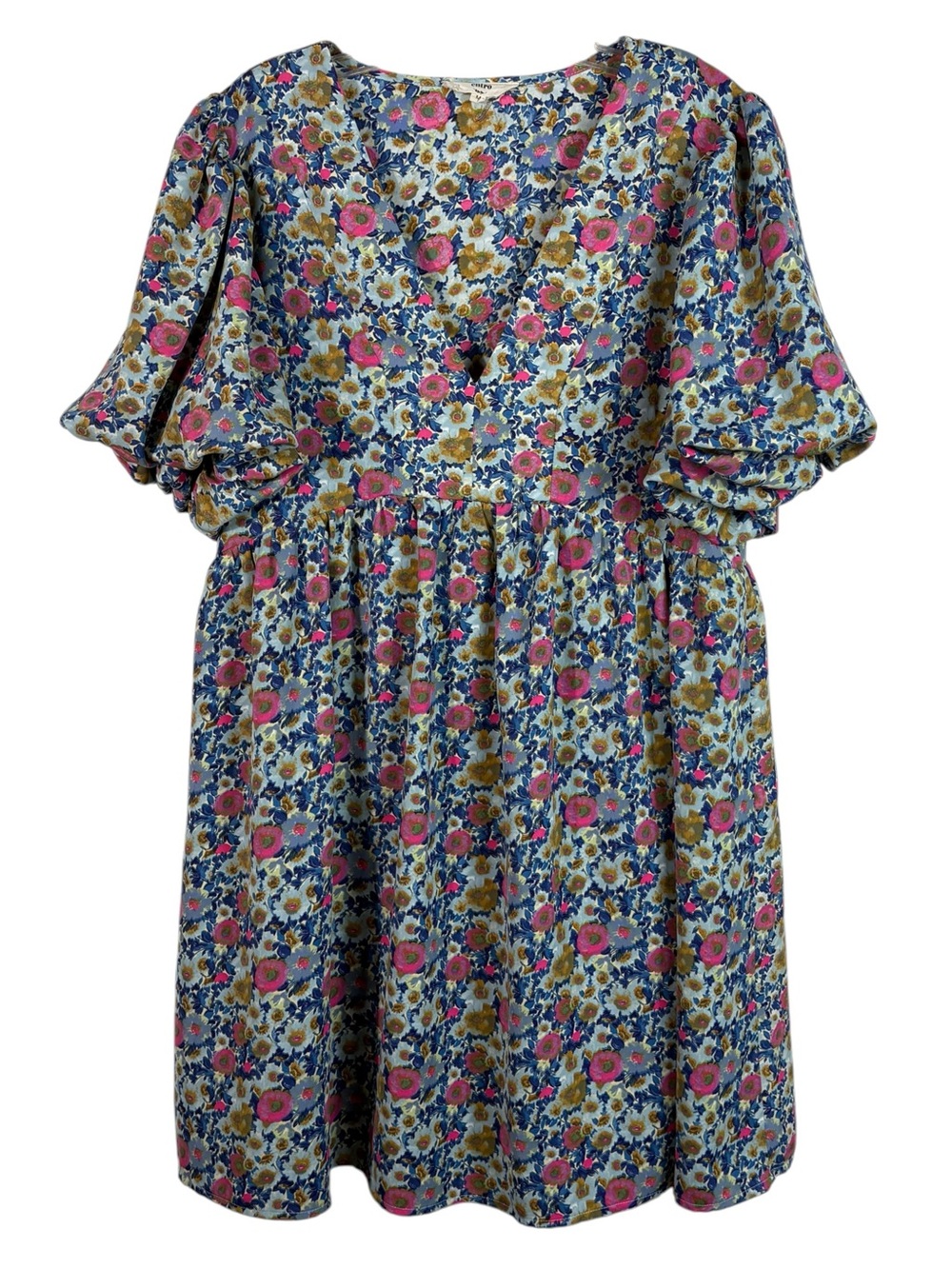 Entro Blue Pink Floral Puff Sleeve V-Neck Pleated Skirt Dress Colorful Preppy M